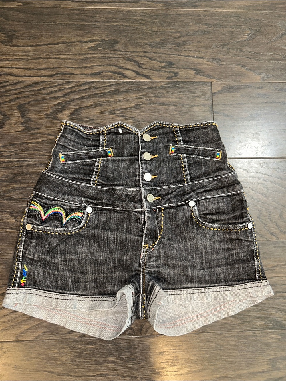 COOGI Black High-Waist Denim Shorts with Multicolor Embroidery
